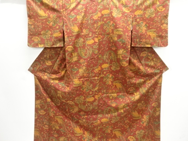 未使用品　唐花に鳳凰模様手織り紬着物